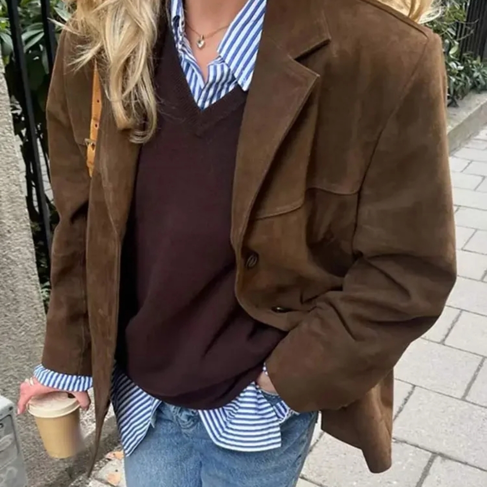 Casual Brown Lapel Pocket PU Suede Leather Jacket Fashion Woman Single Button - Picture 3 of 9